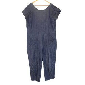 Erica Tanov Women's Blue Jumpsuit Size Large Short Sleeve Pockets Cotton